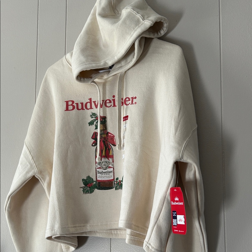 Budweiser Off-White Crop Tops Sweater Hoodie with Bottle Design - Picture 4 of 13